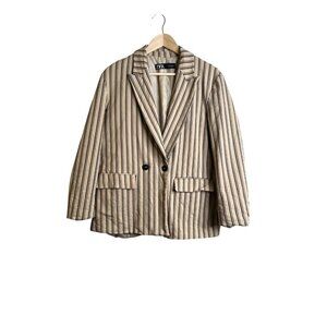 Zara Stripped Blazer Dress Jacket Double Breasted Size M Beige